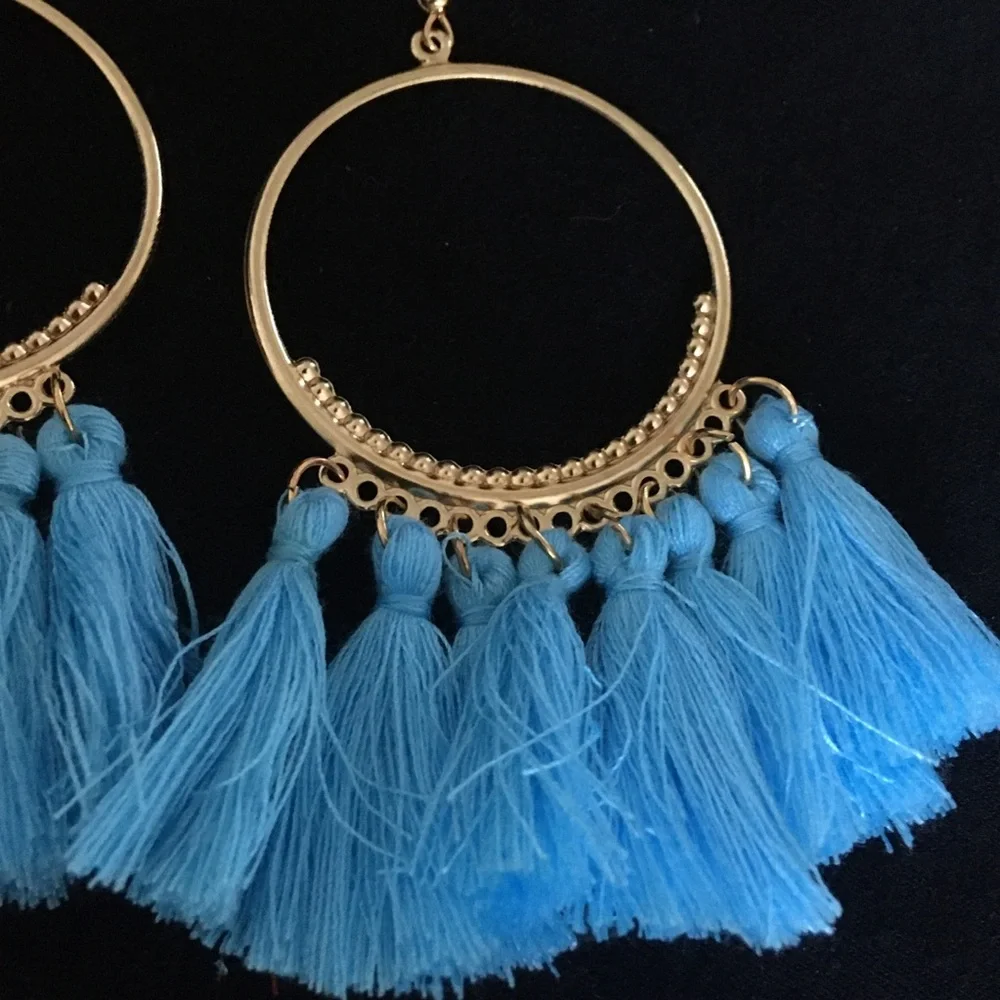 Fan Shaped Blue Tassel Dangle Earrings